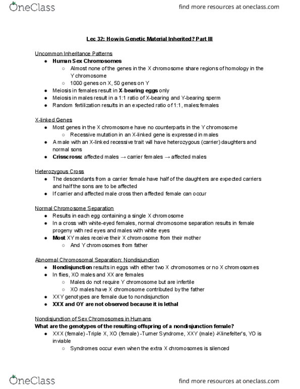 BIOA01H3 Lecture Notes - Lecture 32: Turner Syndrome, Nondisjunction, Y Chromosome thumbnail