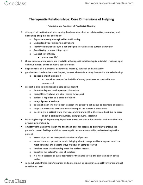 Nursing 1170A/B Lecture Notes - Lecture 2: Therapeutic Relationship, Interpersonal Communication, Motivational Interviewing thumbnail