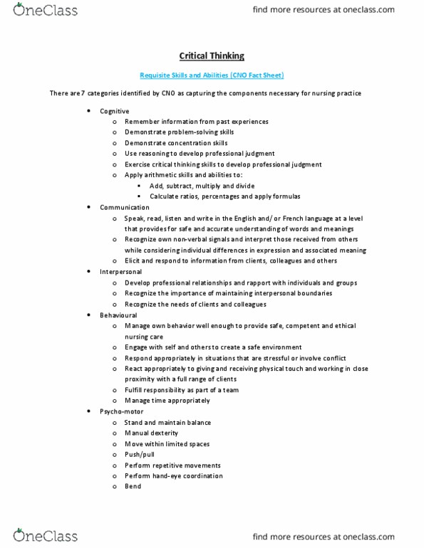 Nursing 1160A/B Lecture Notes - Lecture 3: Critical Thinking, Professional Responsibility, Behavioural Sciences thumbnail