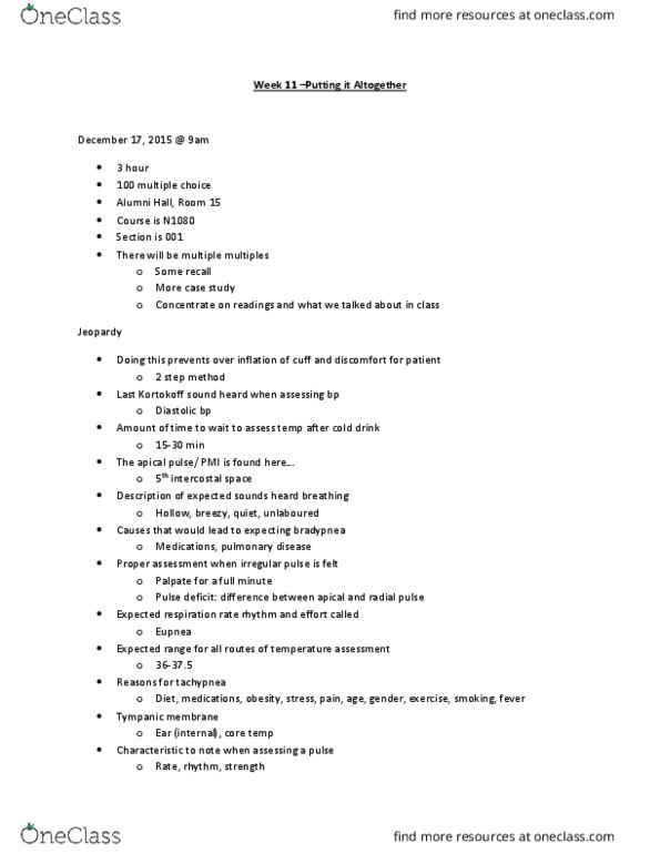 Nursing 1080A/B Lecture Notes - Lecture 11: Eardrum, Intercostal Space, Bradypnea thumbnail