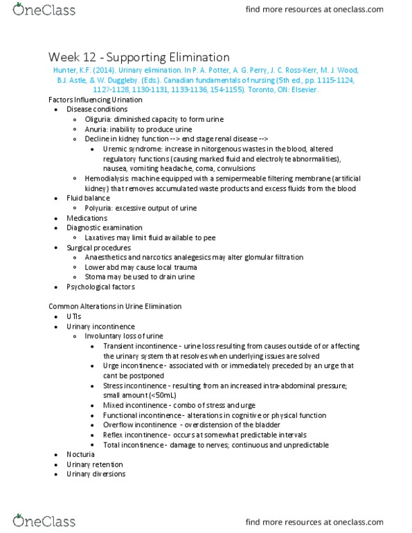 Nursing 2230A/B Chapter Notes - Chapter 12: Overflow Incontinence, Overactive Bladder, Intravenous Pyelogram thumbnail