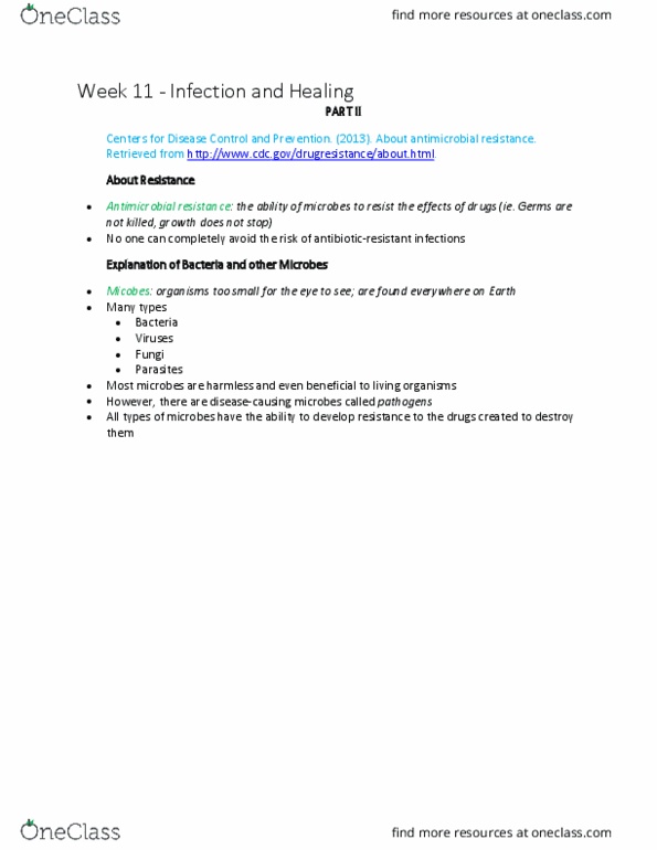 Nursing 2230A/B Chapter Notes - Chapter 11: Antimicrobial Resistance, Antibiotics, Wound Healing thumbnail