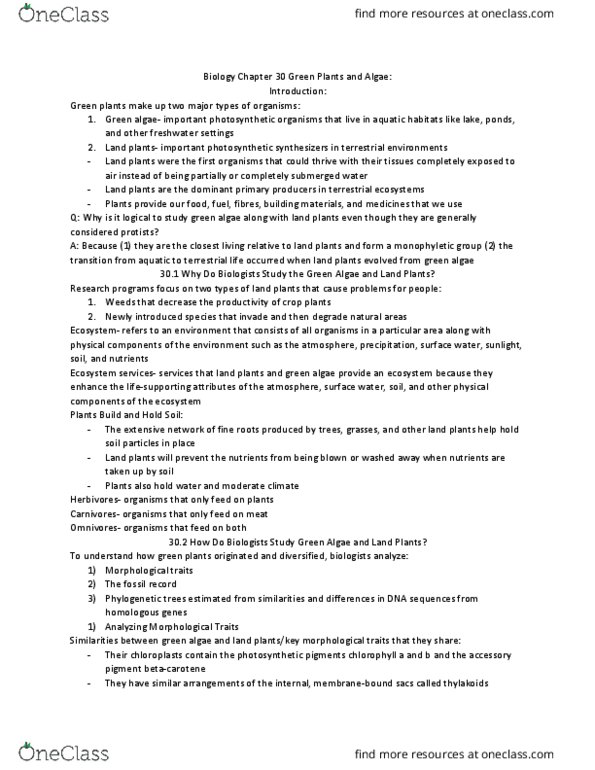 BLG 144 Chapter Notes - Chapter 30: Non-Vascular Plant, Green Algae, Embryophyte thumbnail