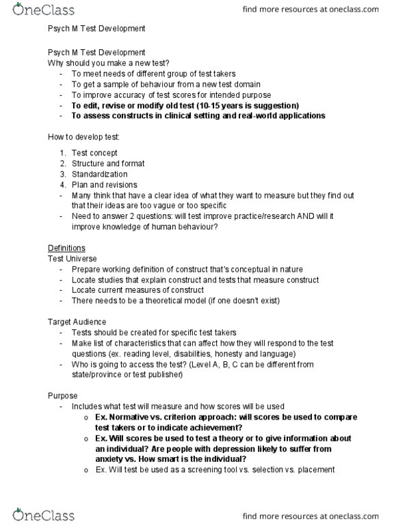 PSYC*3130 Lecture Notes - Lecture 5: Test Plan, Takers, Operational Definition thumbnail