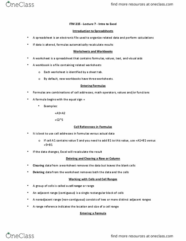 B ITM 215 Information Lecture 7: Intro to Excel thumbnail