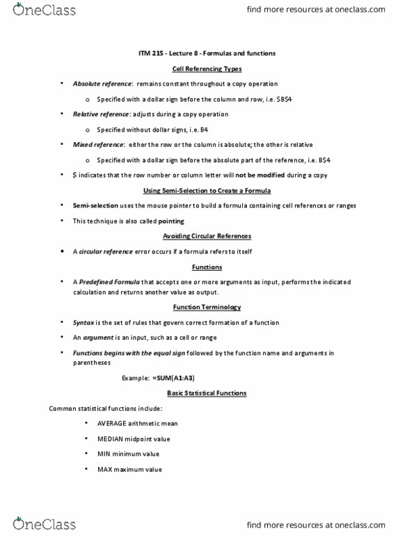 B ITM 215 Information Lecture Notes - Lecture 8: Circular Reference, Dollar Sign, Nested Function thumbnail