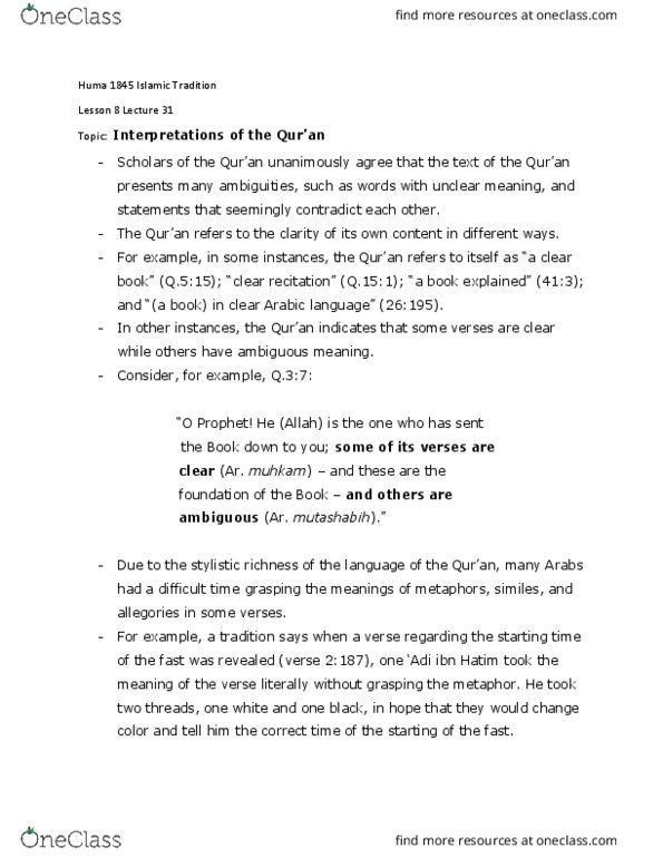HUMA 1845 Lecture Notes - Lecture 31: Adi Ibn Hatim, Hajj, Sahabah thumbnail