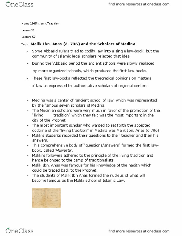 HUMA 1845 Lecture Notes - Lecture 57: Malik Ibn Anas, Medina, Muwatta Imam Malik thumbnail
