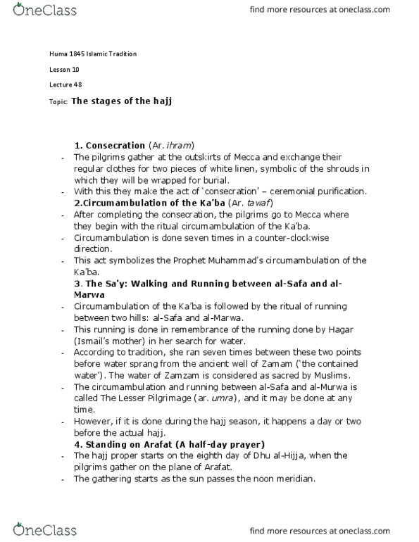 HUMA 1845 Lecture Notes - Lecture 48: Circumambulation, Muzdalifah, Hajj thumbnail