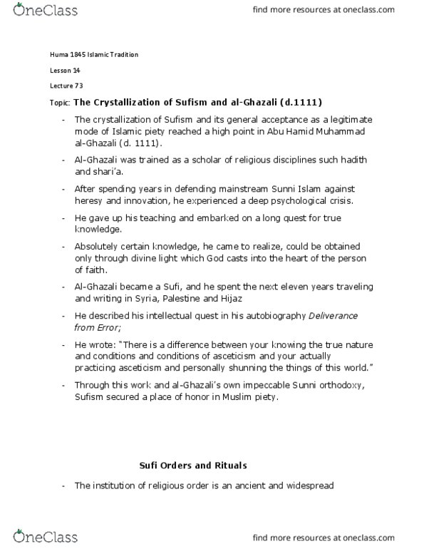 HUMA 1845 Lecture Notes - Lecture 73: Sharia, Crystallization, Hadith Studies thumbnail