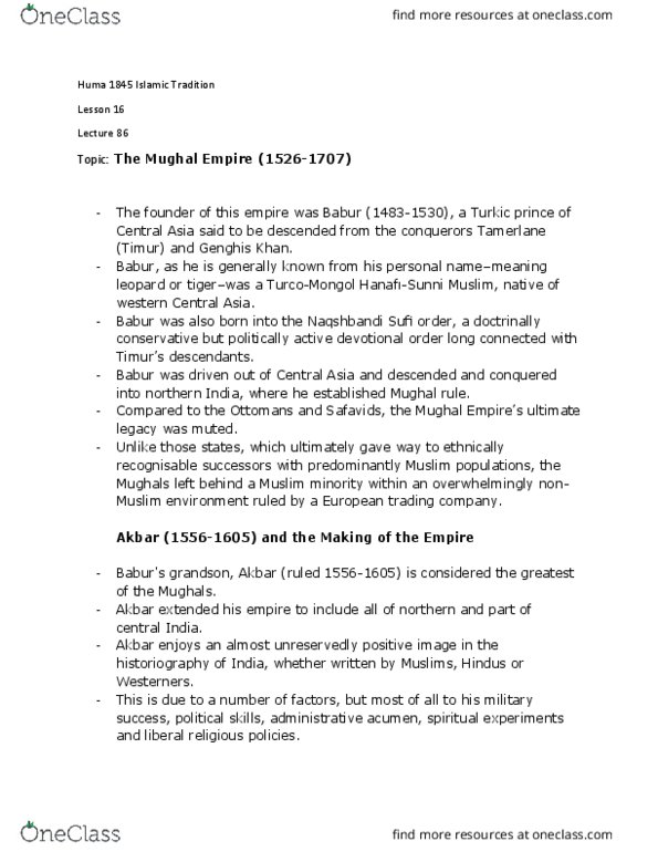 HUMA 1845 Lecture Notes - Lecture 86: Babur, Naqshbandi, Diwali thumbnail