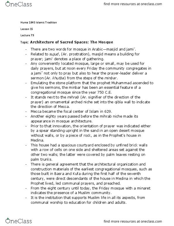 HUMA 1845 Lecture Notes - Lecture 79: Jama Masjid, Minbar, Mihrab thumbnail