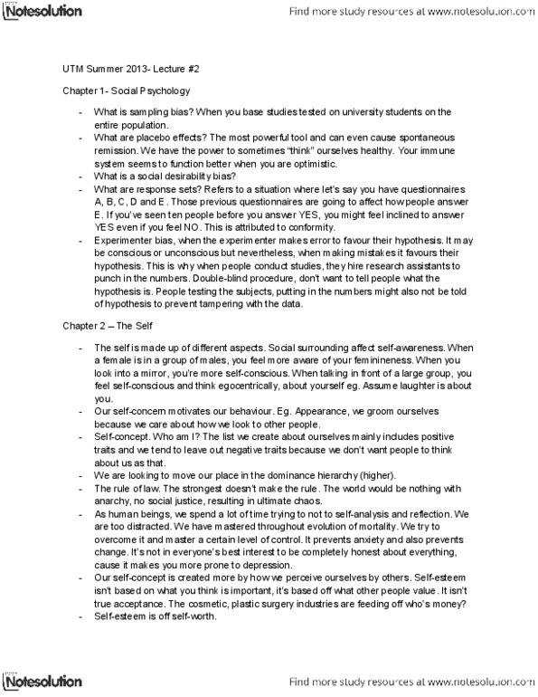 PSY220H5 Lecture Notes - Lecture 2: Impression Management, Subliminal Stimuli, Ingratiation thumbnail