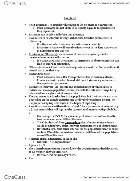 MGT 20200 Chapter Notes - Chapter 8: Confidence Interval, Statistical Parameter, Standard Deviation thumbnail