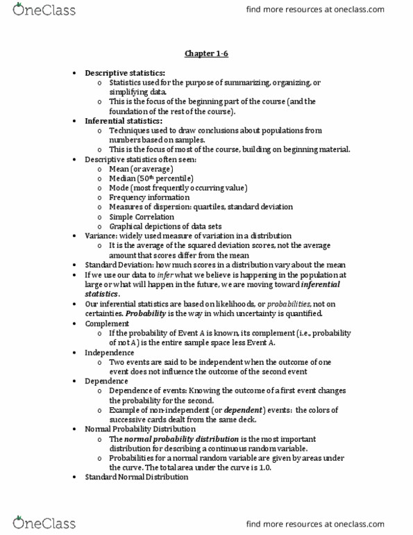 MGT 20200 Chapter Notes - Chapter 1-6: Statistical Inference, Normal Distribution, Descriptive Statistics thumbnail