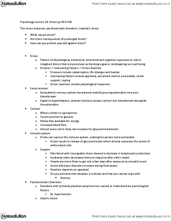 Psychology 1000 Lecture Notes - Survivor Guilt, Adrenal Medulla, Sympathetic Nervous System thumbnail