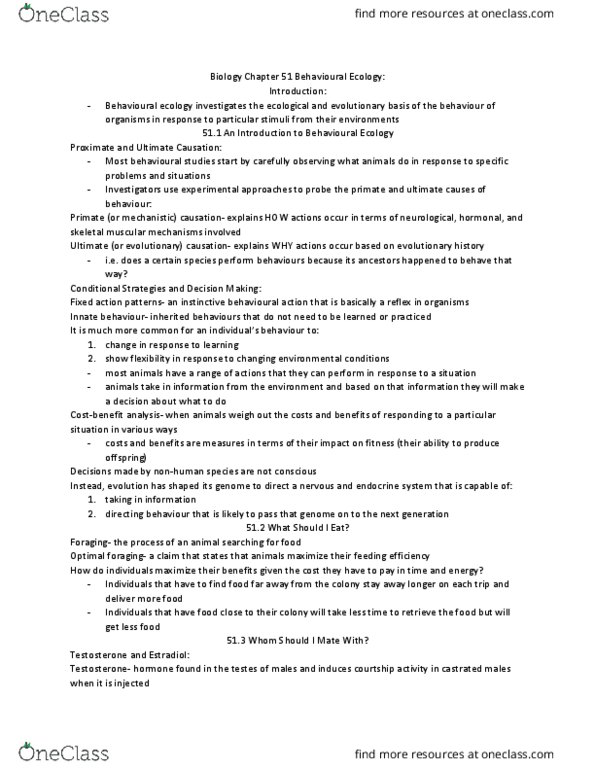 BLG 144 Chapter Notes - Chapter 51: Behavioral Ecology, Circadian Clock, Mate Choice thumbnail