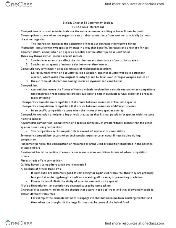 BLG 144 Chapter Notes - Chapter 53: Competitive Exclusion Principle, Interspecific Competition, Intraspecific Competition thumbnail