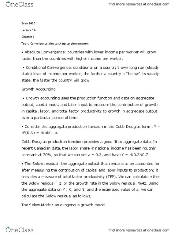ECON 2400 Lecture Notes - Lecture 14: Growth Accounting, Factors Of Production, Production Function thumbnail