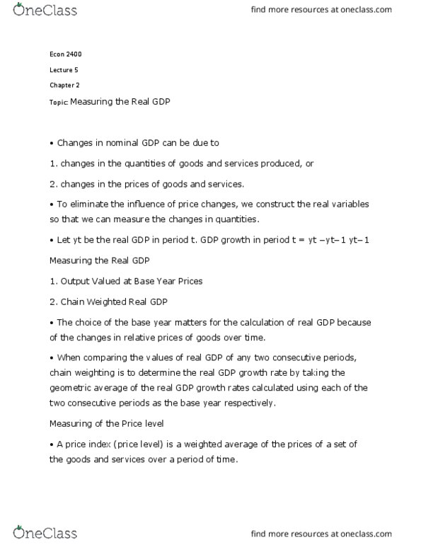 ECON 2400 Lecture Notes - Lecture 5: List Of Countries By Real Gdp Growth Rate, Weighted Arithmetic Mean, Price Level thumbnail