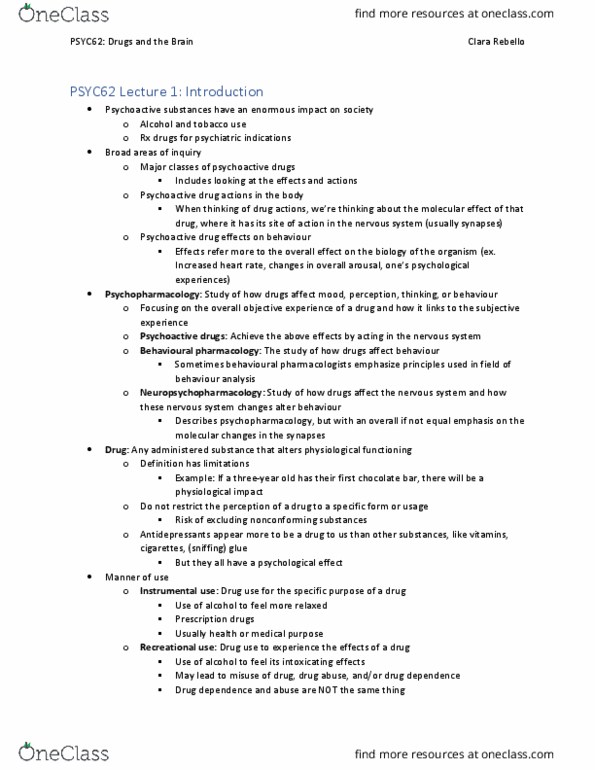 PSYC62H3 Lecture Notes - Lecture 1: Psychoactive Drug, Tachycardia, Behaviorism thumbnail
