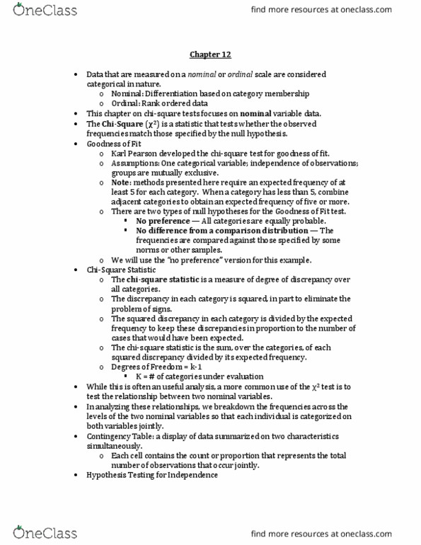 MGT 20200 Chapter Notes - Chapter 12: Null Hypothesis, Karl Pearson, Level Of Measurement thumbnail