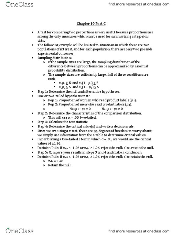 MGT 20200 Chapter Notes - Chapter 10C: Sampling Distribution, Categorical Variable, Statistical Hypothesis Testing thumbnail