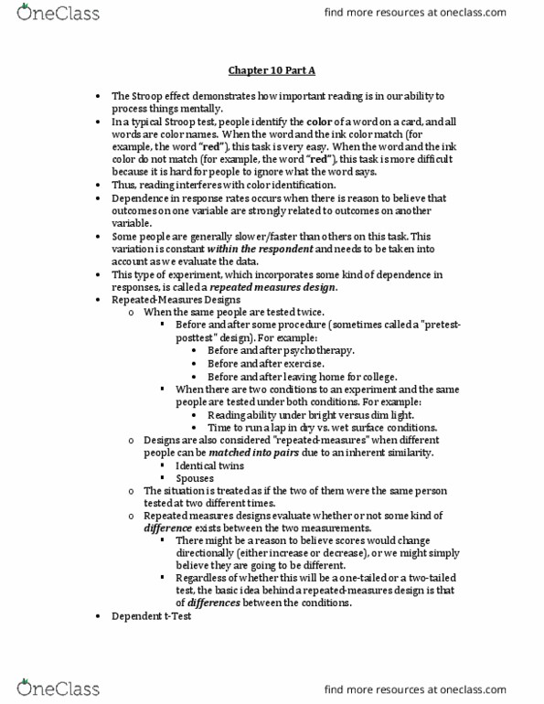 MGT 20200 Chapter Notes - Chapter 10A: Repeated Measures Design, Stroop Effect, Null Hypothesis thumbnail