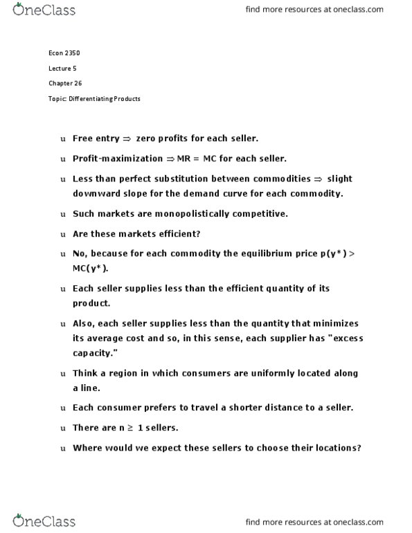 ECON 2350 Lecture Notes - Lecture 5: Monopolistic Competition, Economic Equilibrium, Demand Curve thumbnail