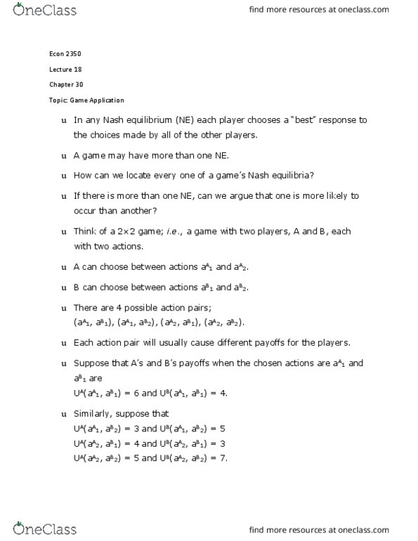 ECON 2350 Lecture Notes - Lecture 18: Nash Equilibrium thumbnail