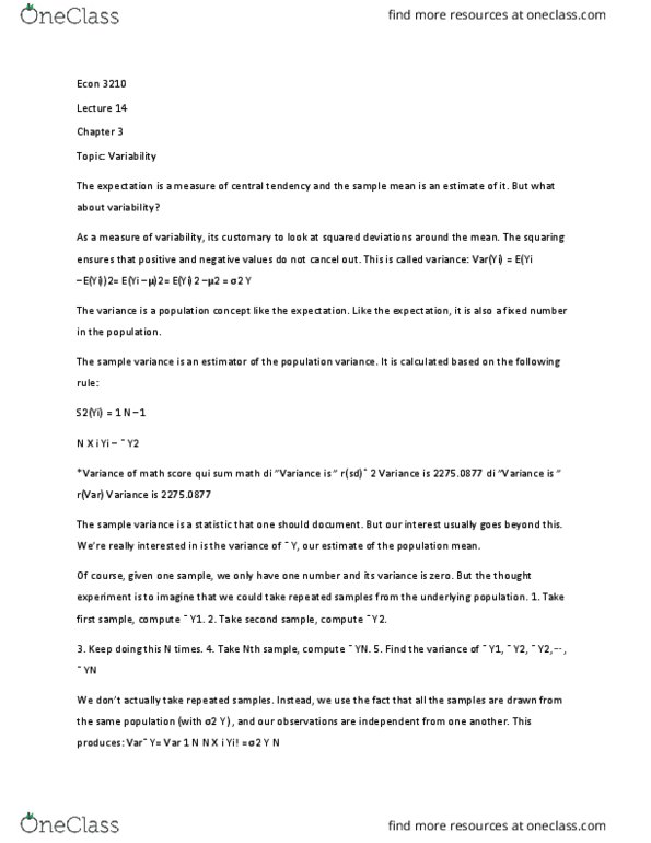 ECON 3210 Lecture Notes - Lecture 14: Squared Deviations From The Mean, Random Variable, Thought Experiment thumbnail