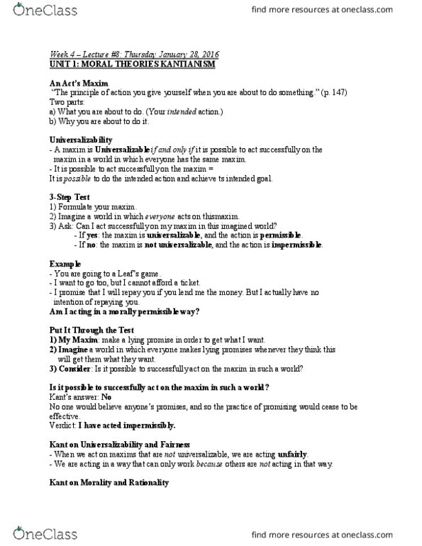 PHLA11H3 Lecture Notes - Lecture 8: Universalizability, Kantianism, Rationality thumbnail