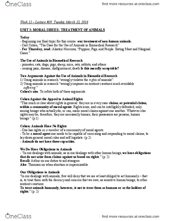 PHLA11H3 Lecture Notes - Lecture 19: Moral Agency, Unit, Speciesism thumbnail