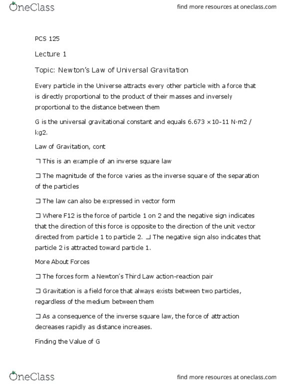 PCS 125 Lecture Notes - Lecture 1: Inverse-Square Law, Unit Vector, Test Particle thumbnail