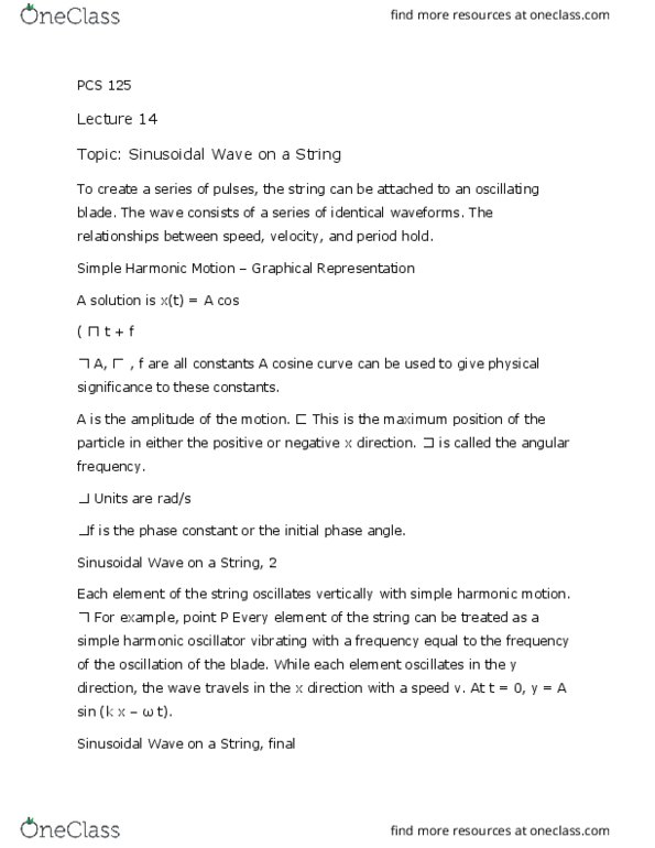 PCS 125 Lecture Notes - Lecture 14: Simple Harmonic Motion, Propagation Constant, Angular Frequency thumbnail