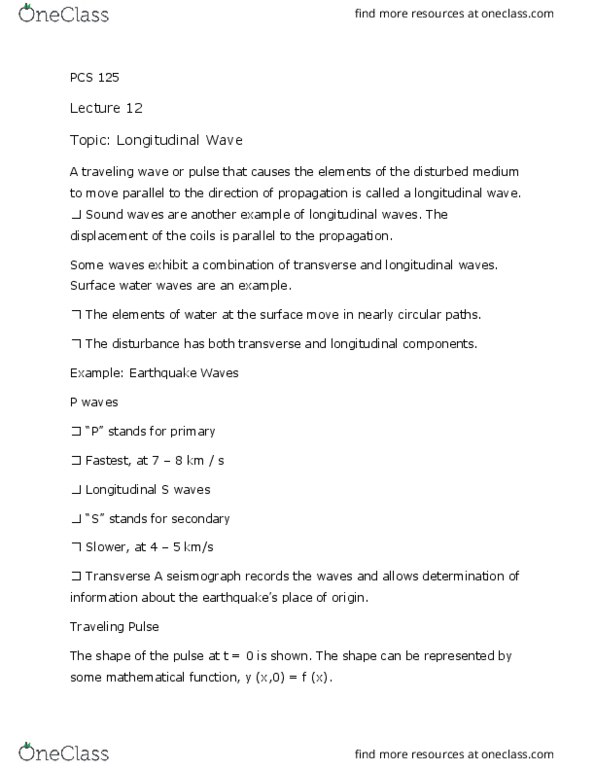 PCS 125 Lecture Notes - Lecture 12: Longitudinal Wave, Wind Wave, Seismometer thumbnail