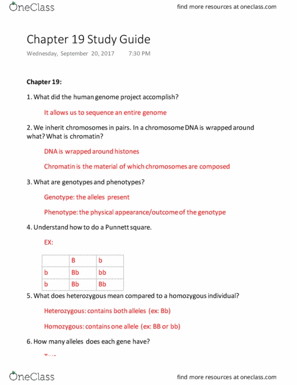 BIOS 1030 Lecture Notes - Lecture 19: Human Genome Project, Punnett Square, Chromatin thumbnail