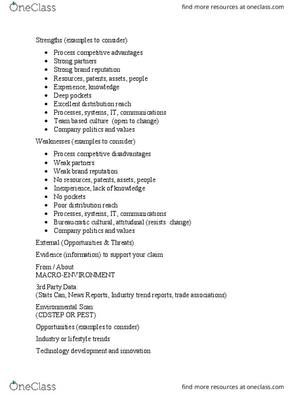 MKT 100 Lecture Notes - Lecture 4: Swot Analysis thumbnail