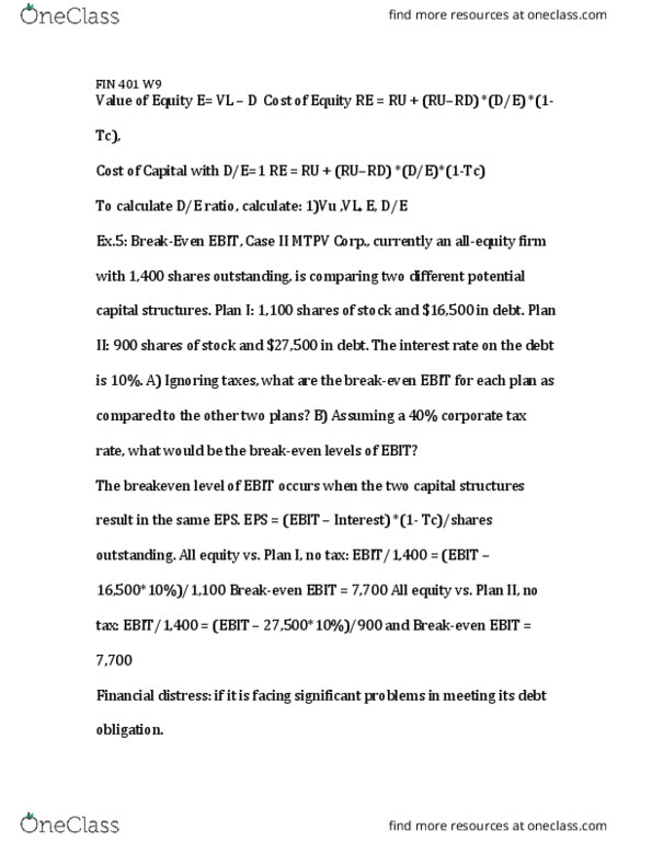 FIN 401 Lecture Notes - Lecture 9: Financial Distress, Capital Structure, Liquidating Distribution thumbnail