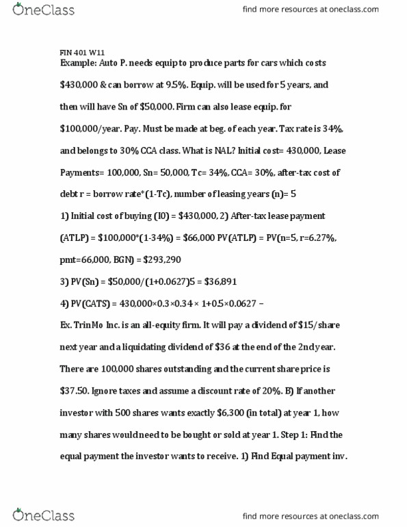 FIN 401 Lecture Notes - Lecture 11: Liquidating Distribution, Capital Structure, Net Income thumbnail