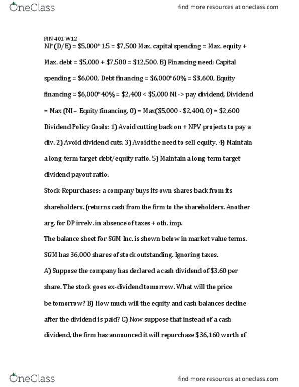 FIN 401 Lecture Notes - Lecture 12: Dividend Payout Ratio, Net Present Value, Stock Split thumbnail