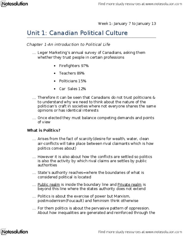 POLS 2300 Chapter Notes - Chapter 1: Royal Canadian Mounted Police, Aboriginal Peoples In Canada, Front De Libération Du Québec thumbnail