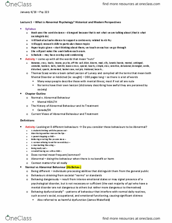 PSY 222 Lecture Notes - Lecture 1: Thomas Szasz, Psy thumbnail