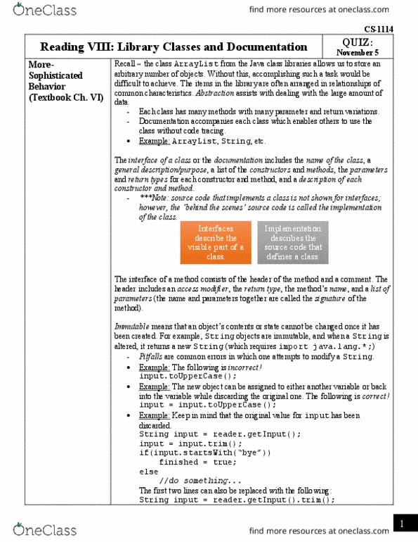 CS 1114 Chapter Notes - Chapter 8: Java Class Library, Code Segment, Class Variable thumbnail