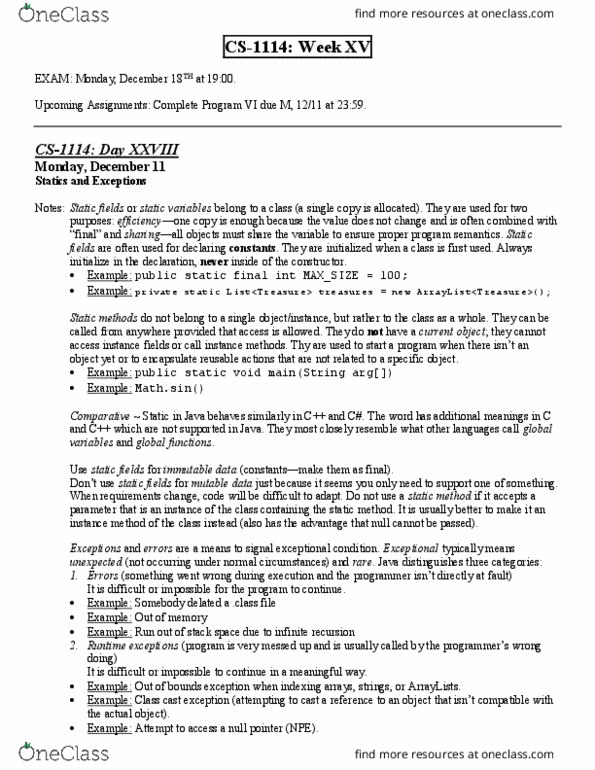 CS 1114 Lecture Notes - Lecture 15: Null Pointer, Statics, Super Bowl Xxix thumbnail