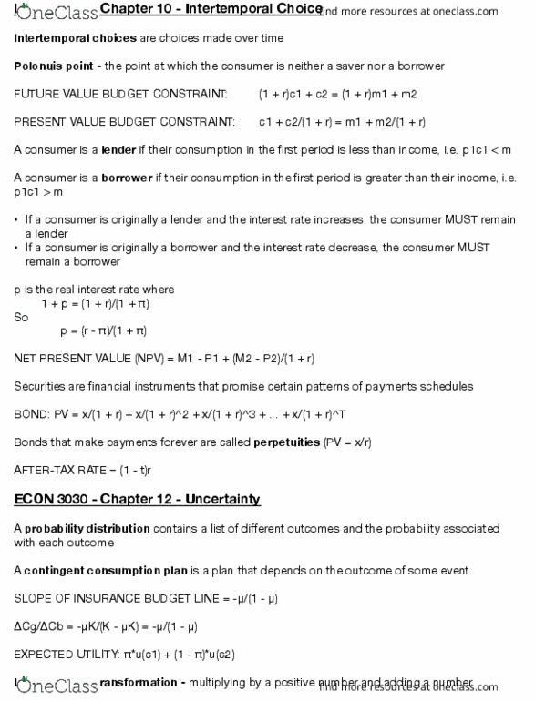 ECON 3030 Chapter Notes - Chapter 10 and 12: Real Interest Rate, Net Present Value thumbnail