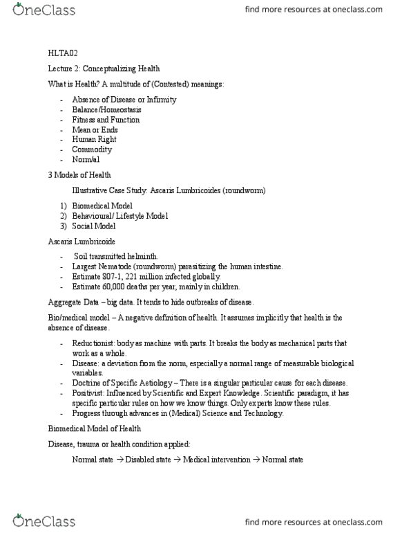 HLTA02H3 Lecture Notes - Lecture 2: Ascaris Lumbricoides, Biomedical Model, Portal Venous System thumbnail