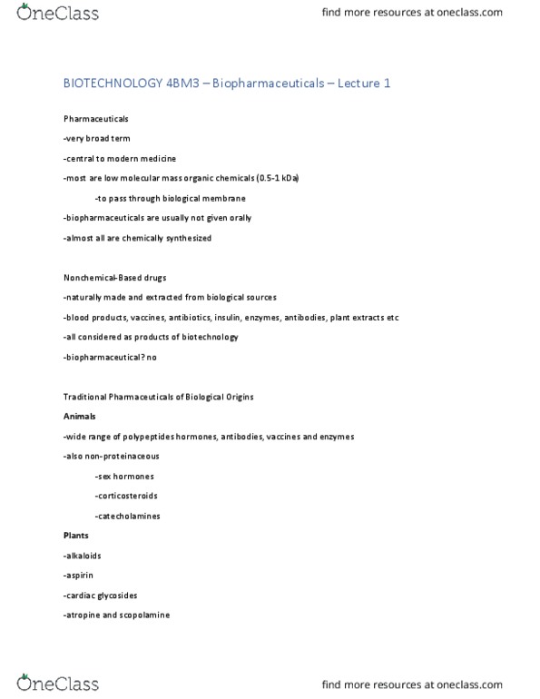 BIOTECH 4BM3 Lecture Notes - Lecture 1: Cardiac Glycoside, Biopharmaceutical, Corticosteroid thumbnail