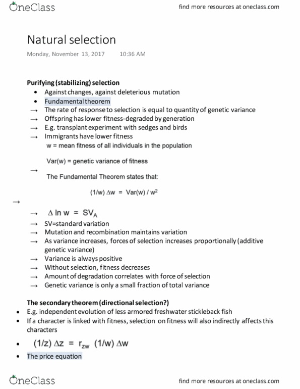 BIOL 304 Lecture Notes - Lecture 26: Natural Selection, Stabilizing Selection, Genetic Variation thumbnail