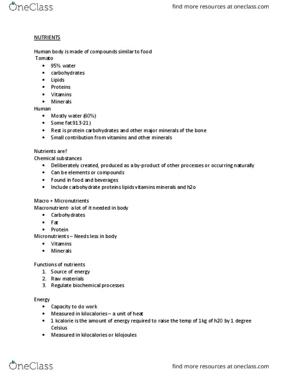 FNN 100 Lecture Notes - Lecture 2: Calorie, Nutrient, Food Energy thumbnail